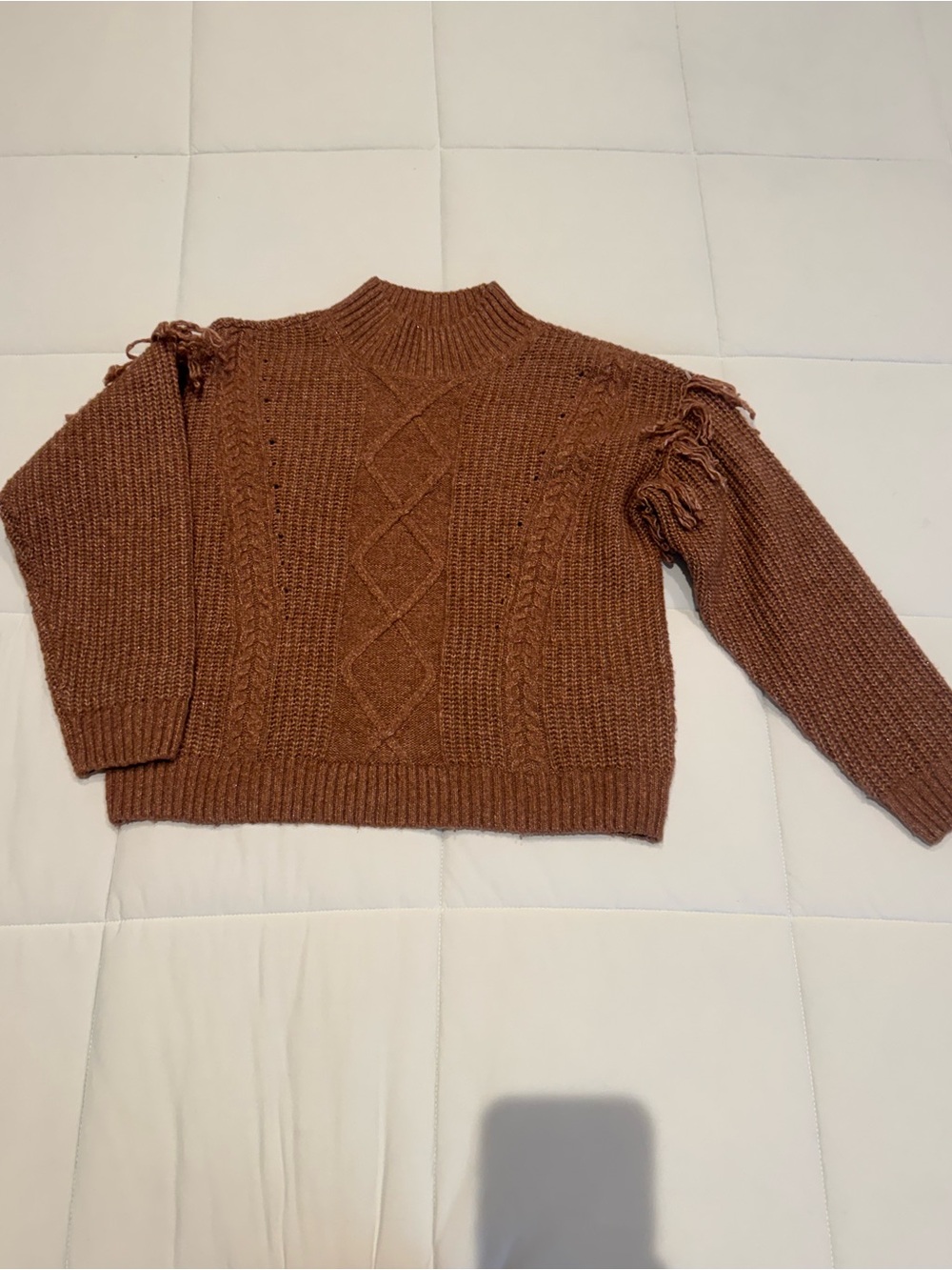 Cable-Knit Rust Brown Turtleneck Sweater with Fringe Detail